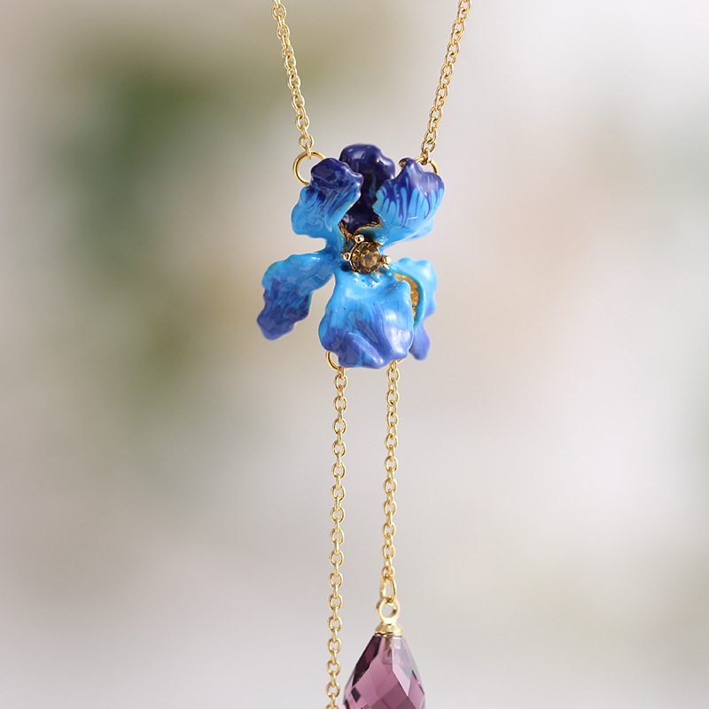 Blue Flower de Luce Irises And Stone Enamel Necklace