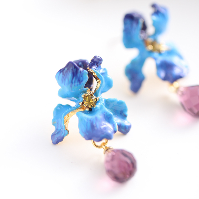 Blue Flower de Luce Irises And Stone Enamel Dangle Earrings