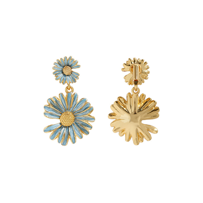 Blue Daisy Flower Enamel Dangle Earrings