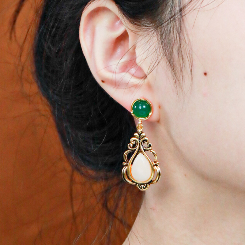 Inlaid Stone Retro Vintage Drop Shape Dangle Earrings