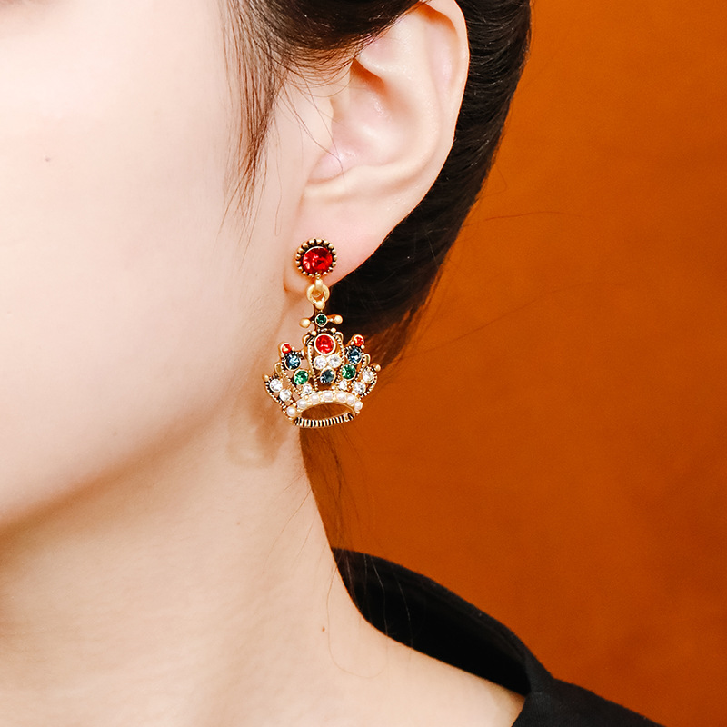 Inlaid Zircon Crown Retro Vintage Dangle Earrings