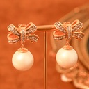 Inlaid Zircon Bow And Pearl Retro Vintage Dangle Earrings