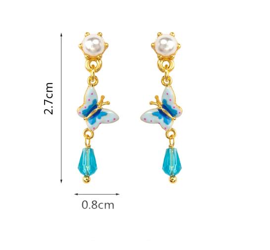 Pearl Butterfly Enamel Dangle Stud Earrings