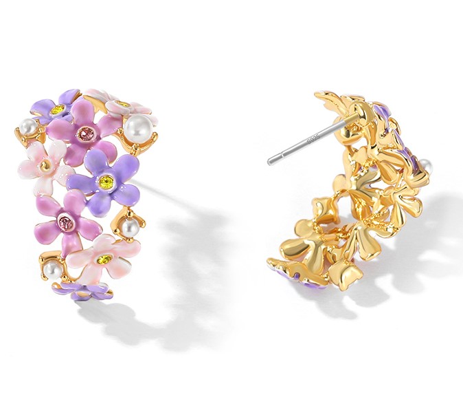 Lavender Purple Pink Flower And Crystal Pearl C Shape Enamel Stud Earrings Jewelry Gift5