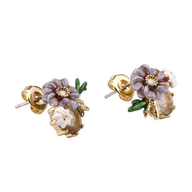 Flower And Stone Enamel Stud Earrings