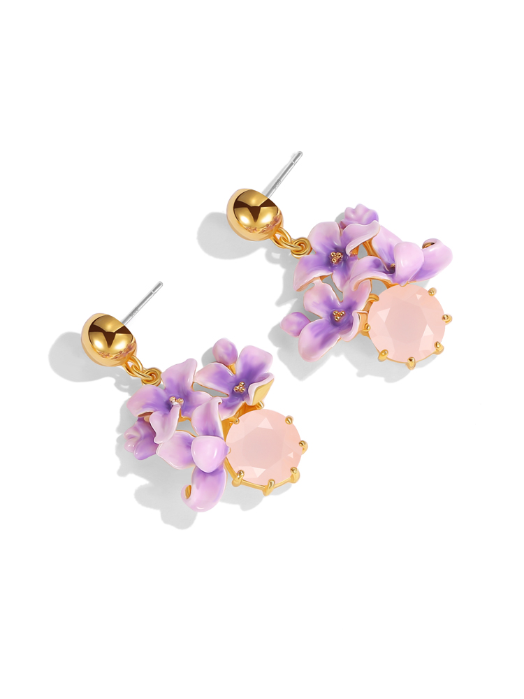 Purple Flower And Gem Enamel Dangle Earrings Handmade Jewelry Gift1