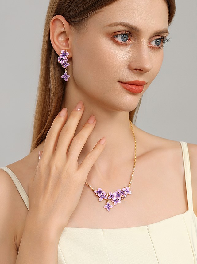 Purple Flower And Czech Gem Enamel Dangle Earrings Handmade Jewelry Gift3