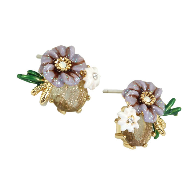 Flower And Stone Enamel Stud Earrings