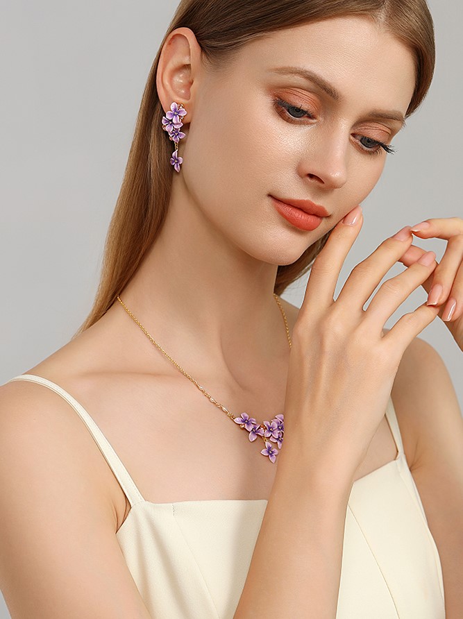 Purple Flower And Czech Gem Enamel Dangle Earrings Handmade Jewelry Gift4