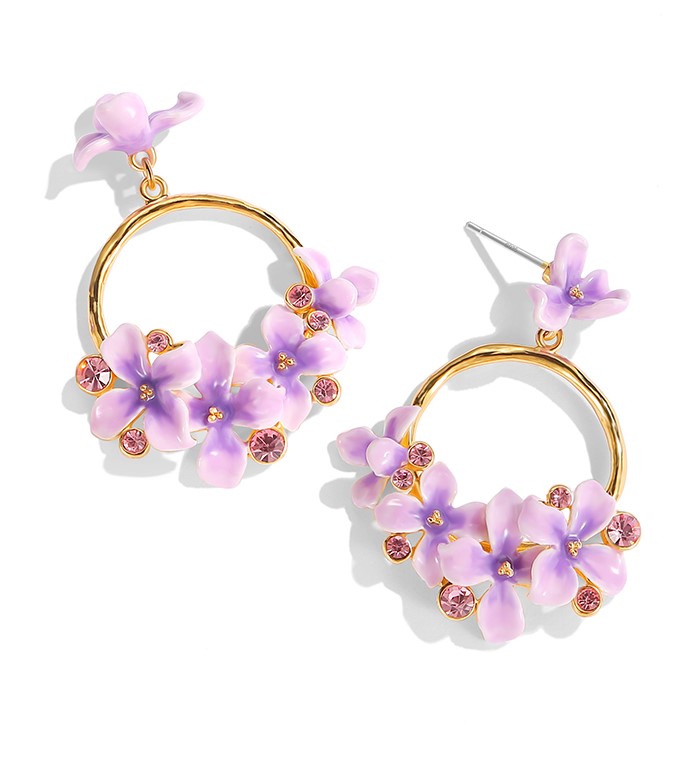 Purple Flower And Gem Enamel Hoop Dangle Earrings Handmade Jewelry Gift1