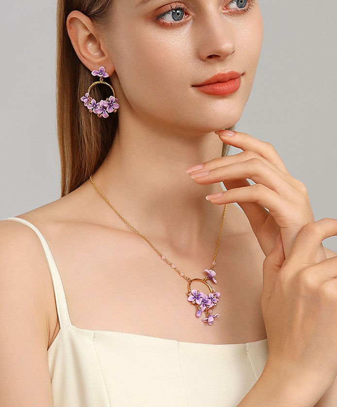 Purple Flower And Gem Enamel Hoop Dangle Earrings Handmade Jewelry Gift4