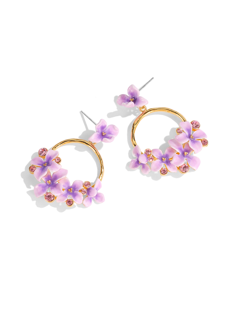 Purple Flower And Gem Enamel Hoop Dangle Earrings Handmade Jewelry Gift2