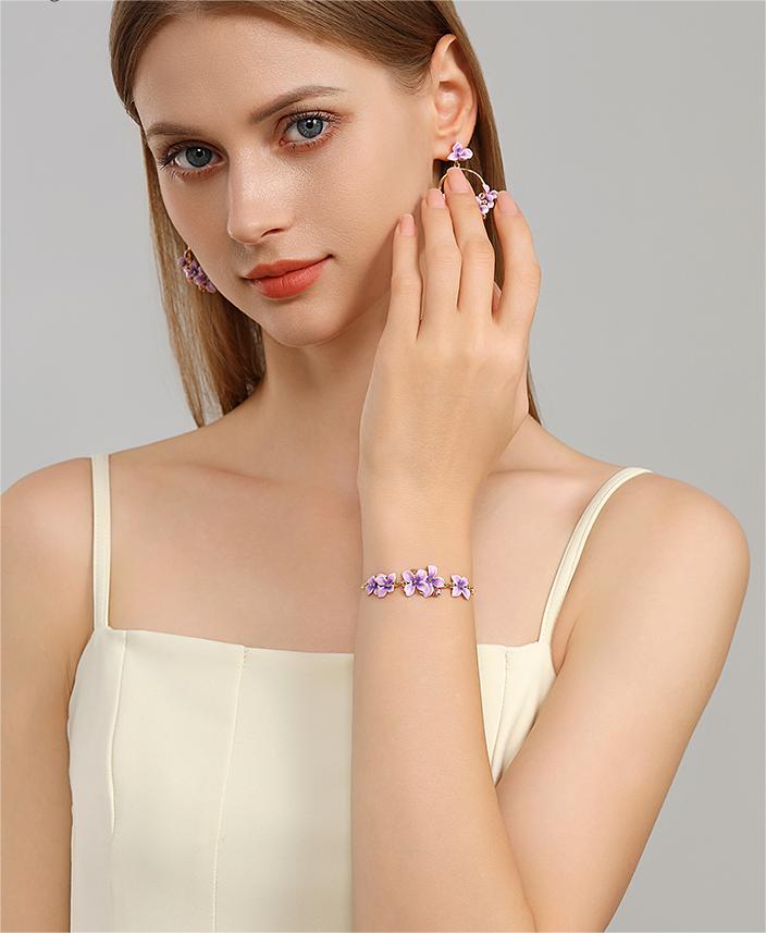 Purple Flower And Gem Enamel Thin Bracelet Handmade Jewelry Gift3