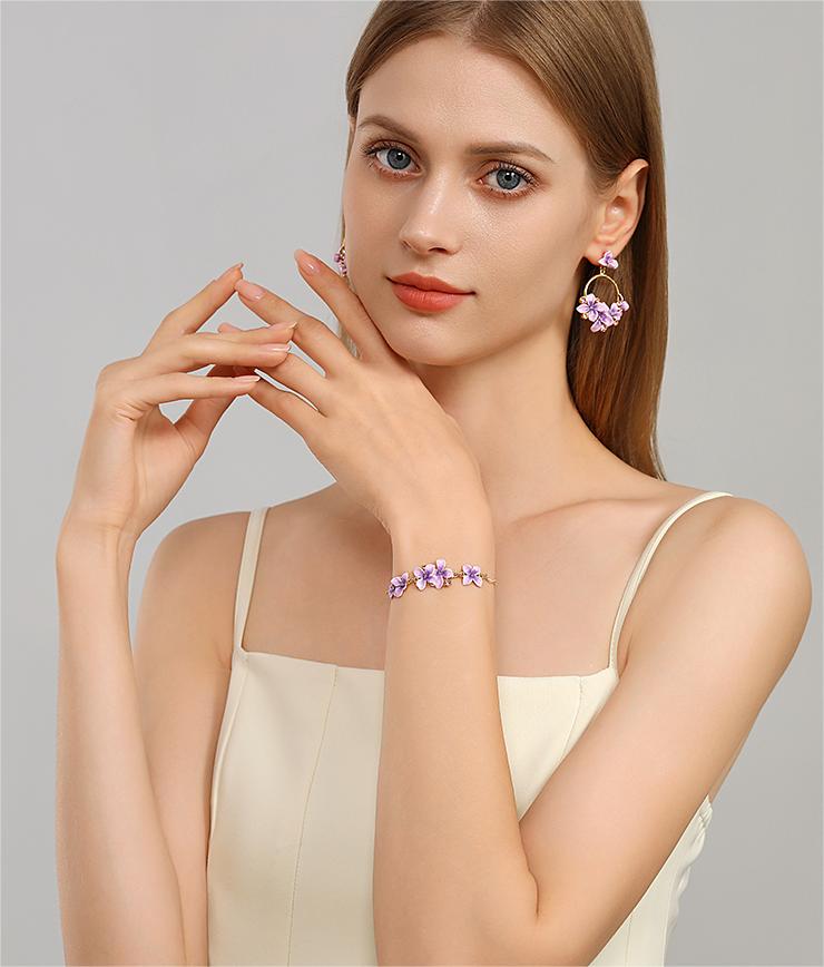 Purple Flower And Gem Enamel Thin Bracelet Handmade Jewelry Gift4