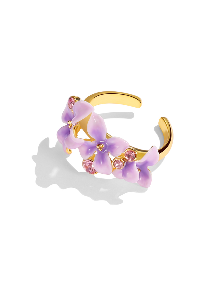 Purple Flower And Czech Gem Enamel Adjustable Handmade Jewelry Gift1