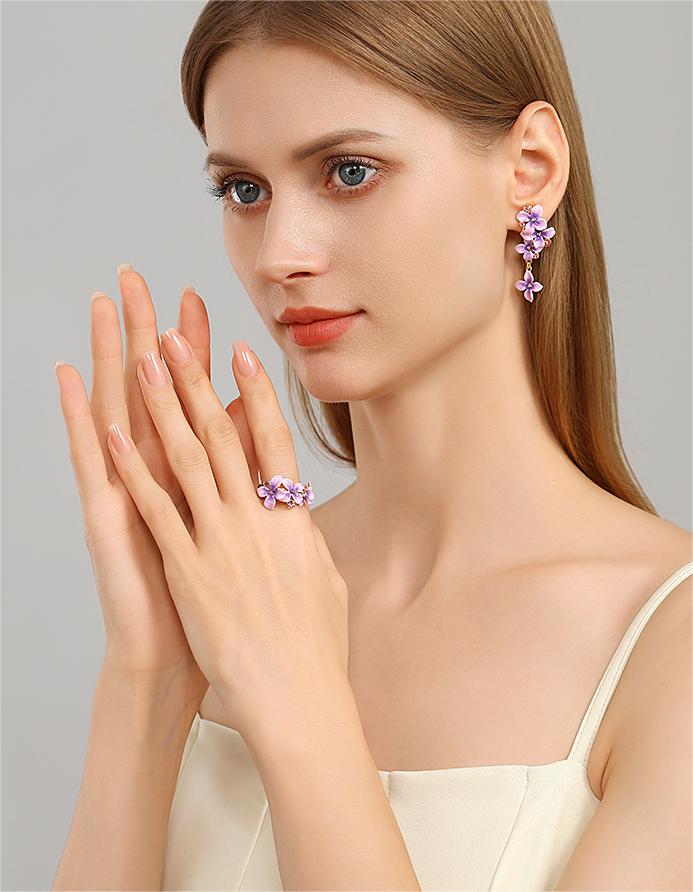 Purple Flower And Czech Gem Enamel Adjustable Handmade Jewelry Gift3