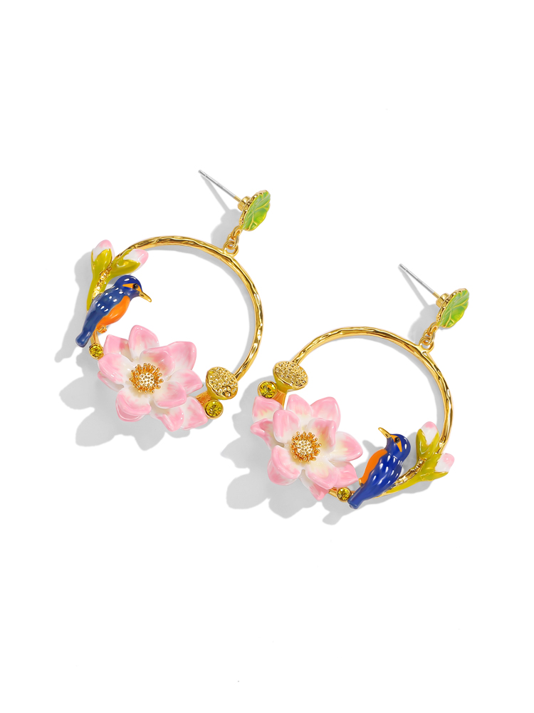Bird And Lotus Enamel Hoop Stud Earrings Handmade Jewelry Gift1