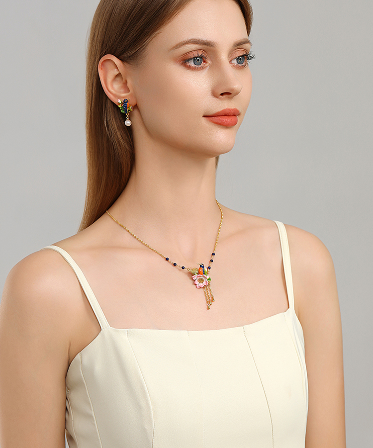 Kingfisher Bird And Lotus Enamel Pendant Necklace Handmade Jewelry Gift2