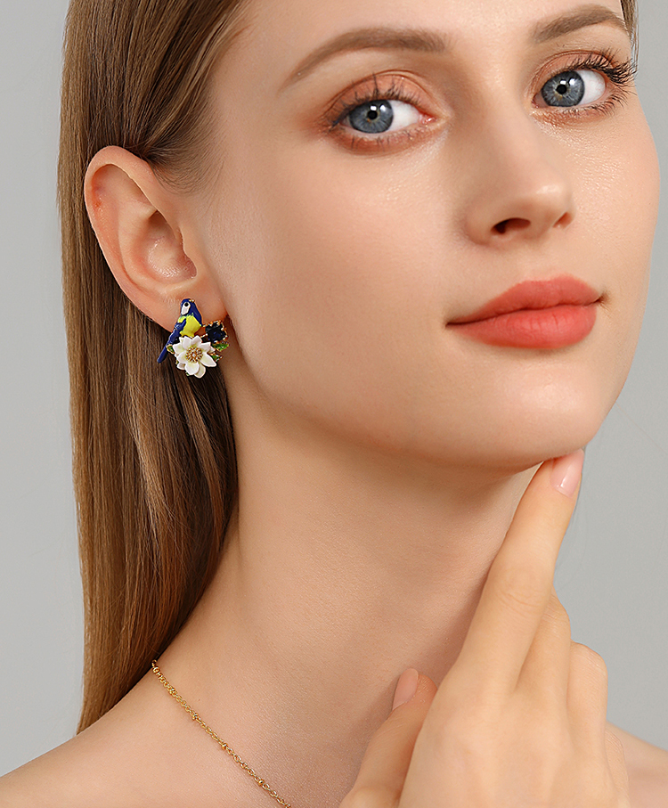 Bird And Flower Enamel Stud Earrings Handmade Jewelry Gift3