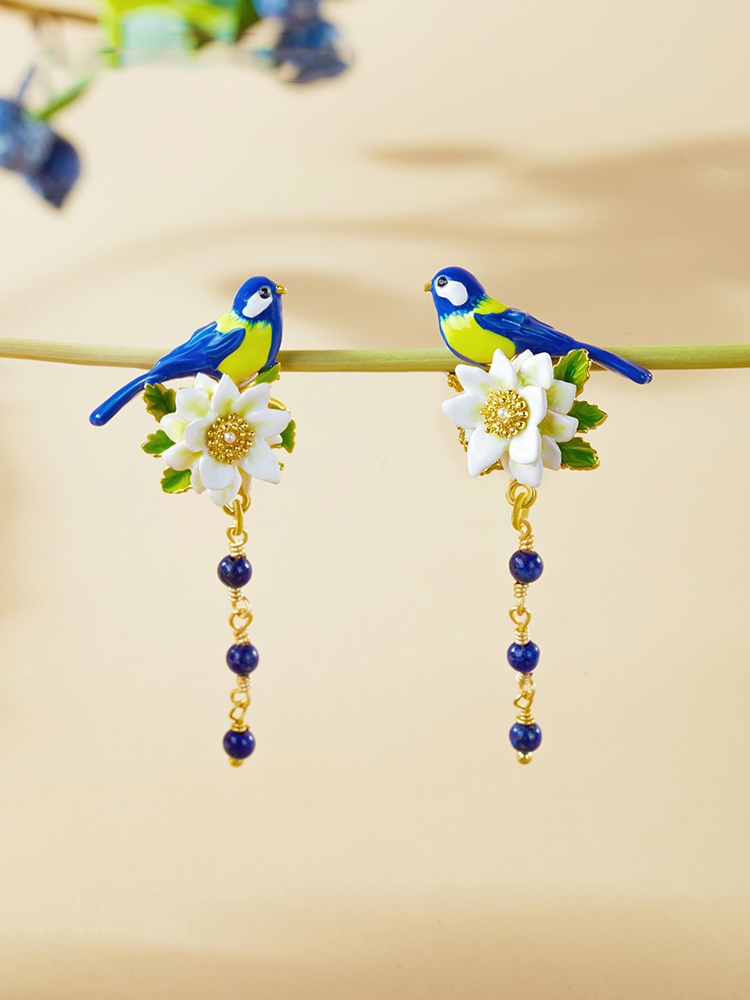 Bird And Flower Enamel Tassel Stud Earrings Handmade Jewelry Gift2
