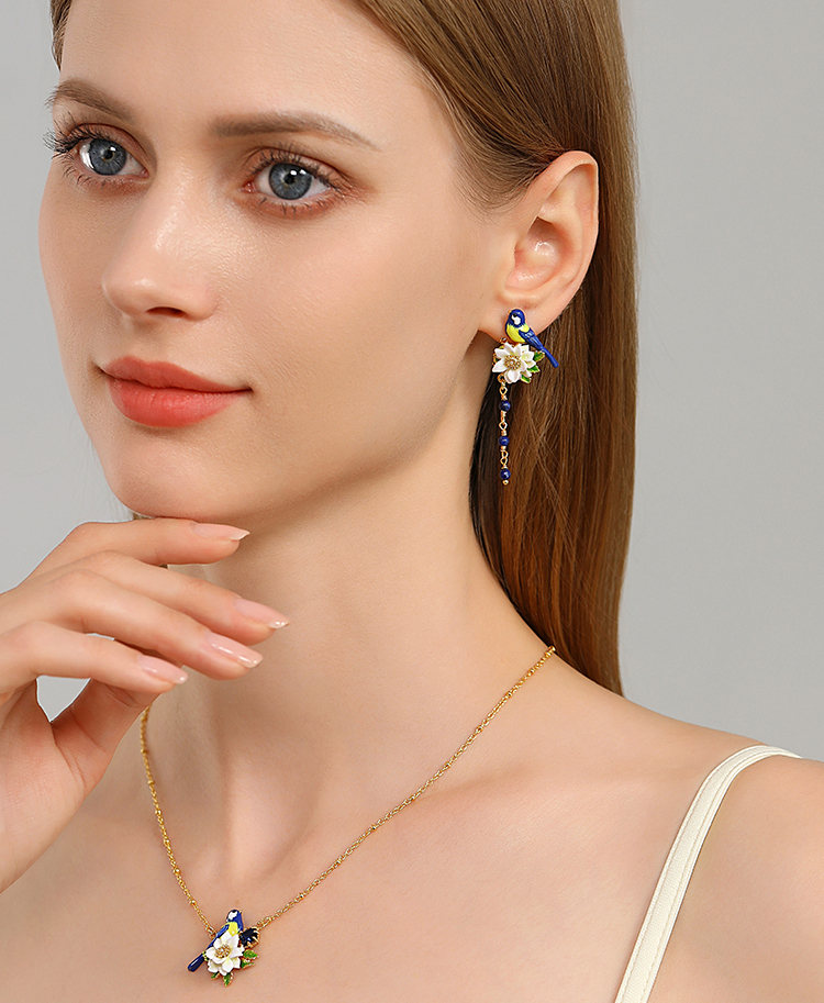 Bird And Flower Enamel Tassel Stud Earrings Handmade Jewelry Gift3