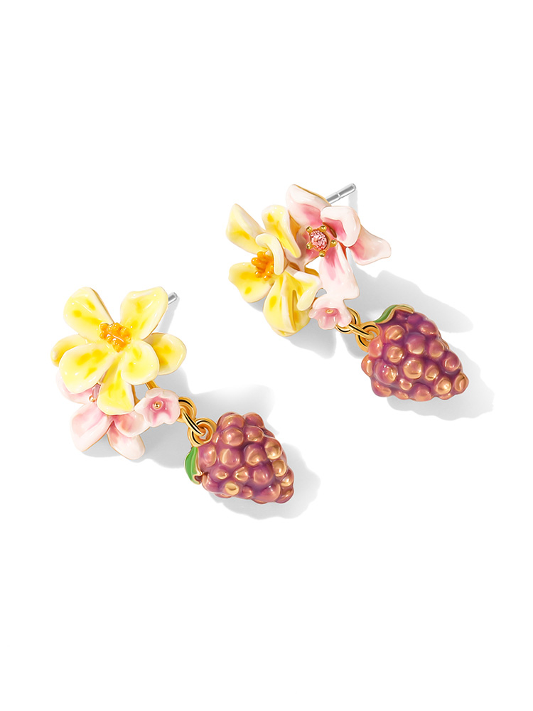 Grape And Flower Blossom Enamel Dangle Stud Earrings Handmade Jewelry Gift1