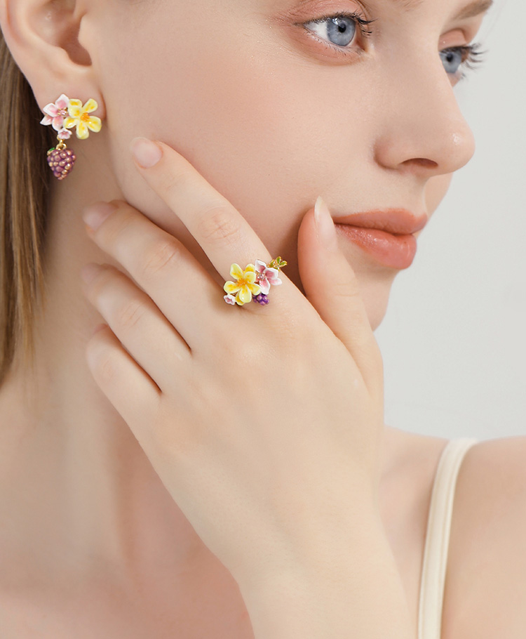 Grape And Flower Blossom Enamel Adjustable Ring Handmade Jewelry Gift4