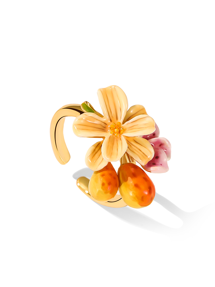 Pear Fruit Flower Enamel Adjustable Ring Handmade Jewelry Gift1