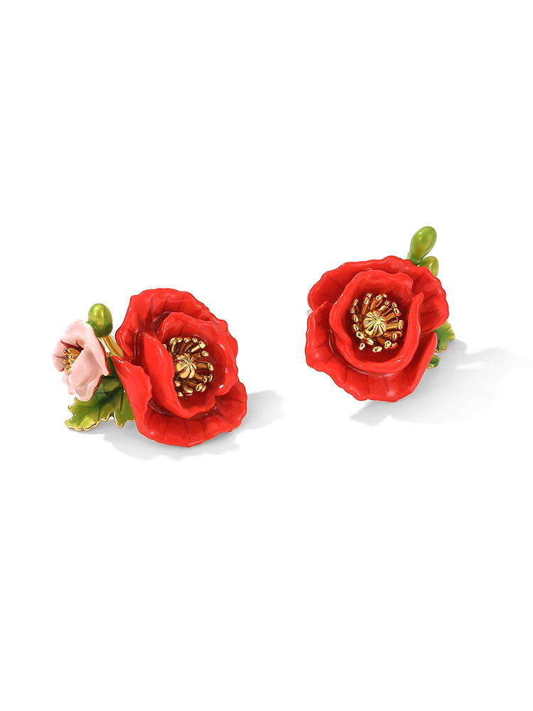 Pink Red Flower Enamel Asymmetrical Stud Earrings Handmade Jewelry Gift2