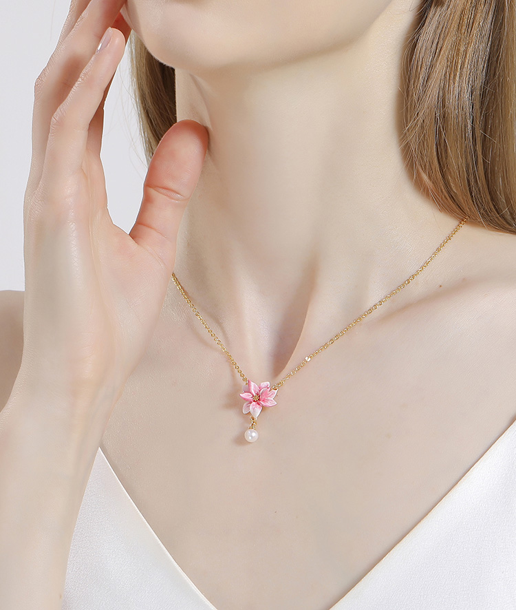Pink Flower And Pearl Enamel Pendant Necklace Handmade Jewelry Gift3