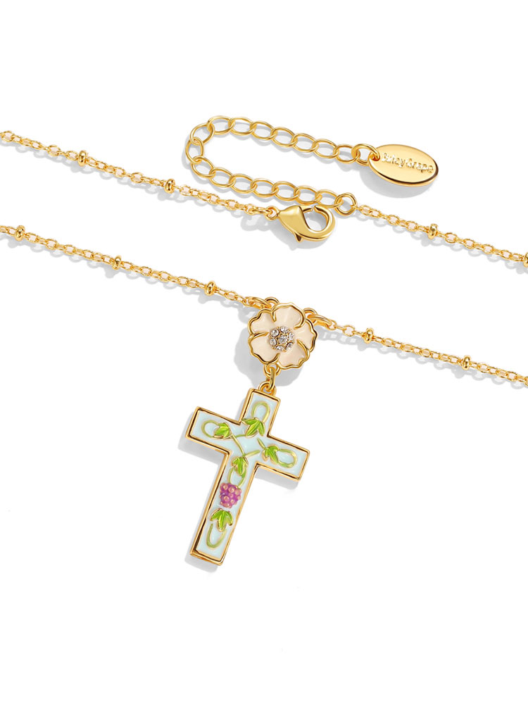 Flower And Cross Enamel Pendant Necklace Handmade Jewelry Gift1
