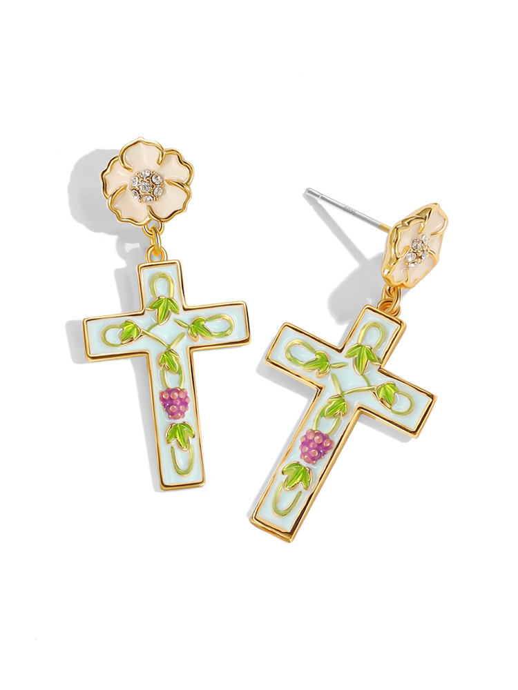 Flower And Cross Enamel Dangle Earrings Handmade Jewelry Gift1