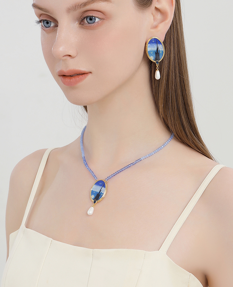 Starry Night Enamel Drop Pearl Pendant Crystal Bead Strand Necklace2