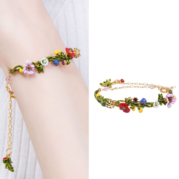 Enamel Flower Green Leaf Gold Plated Jewelry Enamel Bracelet