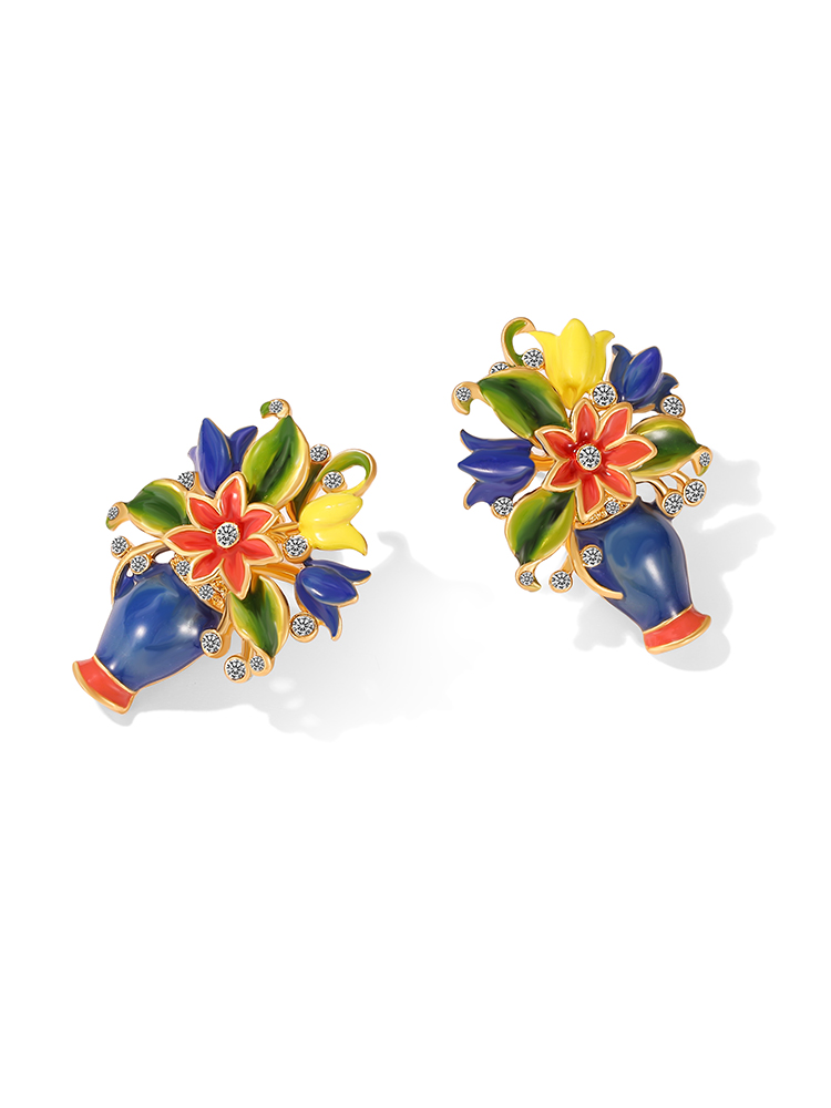 Flower Blossom Vase Enamel Stud Earrings Handmade Jewelry Gift1