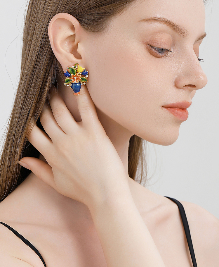 Flower Blossom Vase Enamel Stud Earrings Handmade Jewelry Gift2