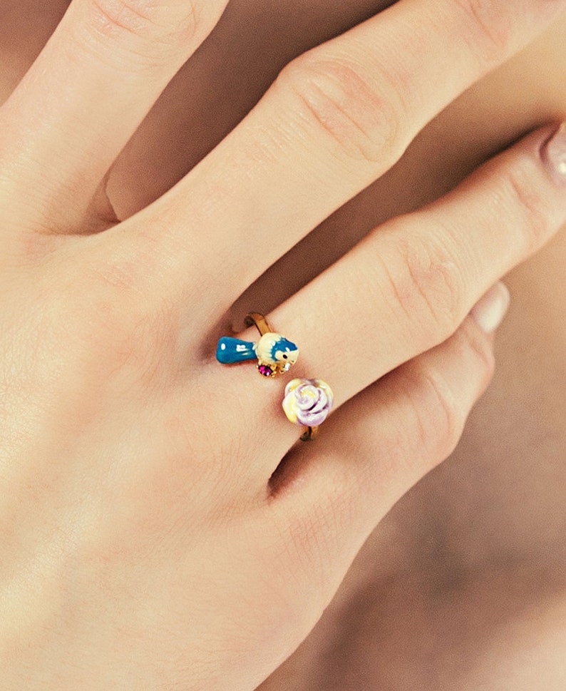 Enamel Glazed Blue Tit Purple Flower Inlaid Gem Adjustable Ring 14K Gold Plated