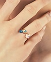 Enamel Glazed Blue Tit Purple Flower Inlaid Gem Adjustable Ring 14K Gold Plated