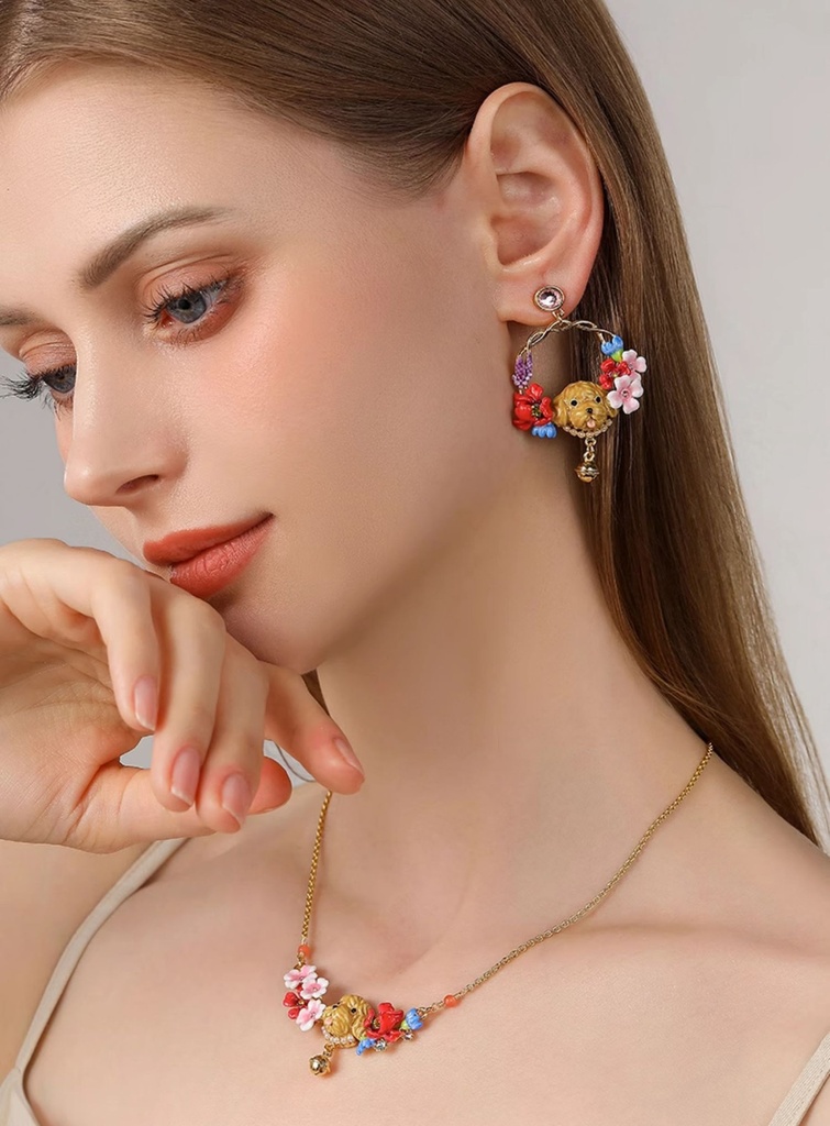 Cute Puppy With Flower Blossom Bell Enamel Hoop Dangle Earrings