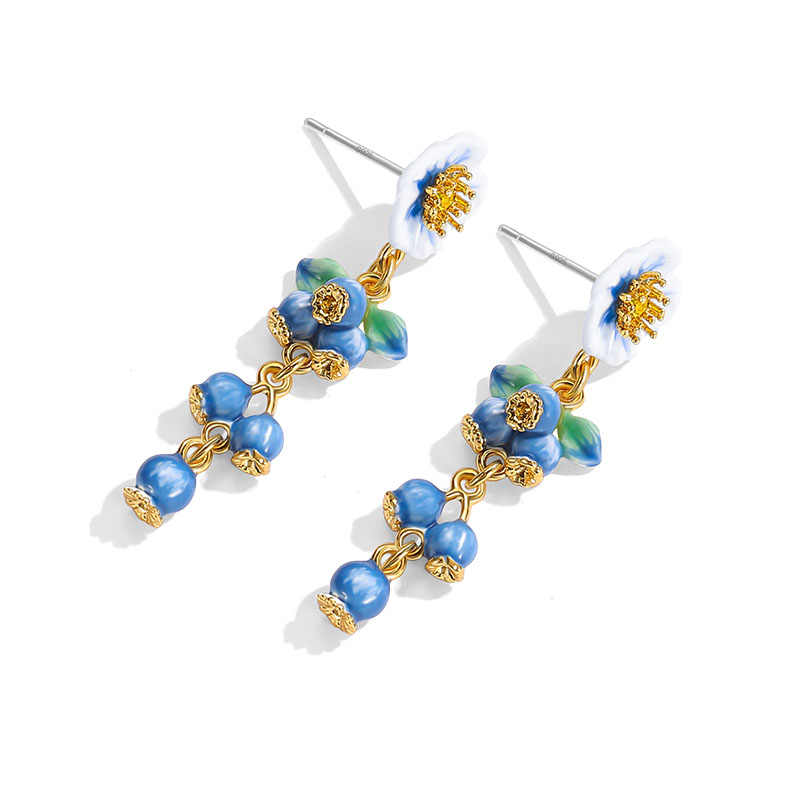 Flower And Blueberry Enamel Dangle Stud Earrings