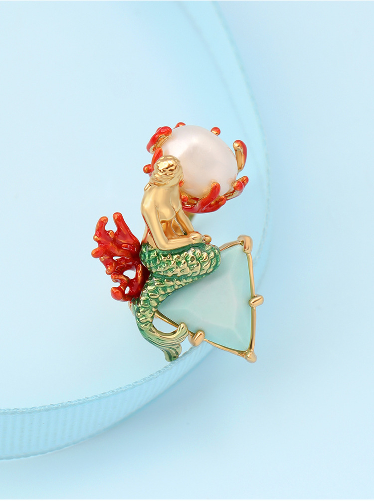 Enamel Glaze Ring Ocean Goddess Mermaid Pearl Gilded Ring