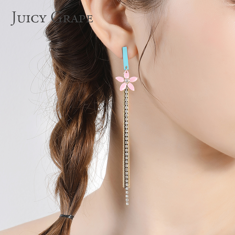 Enamel Glazed Cherry Blossoms Tassel Earrings 925 Silver Needle