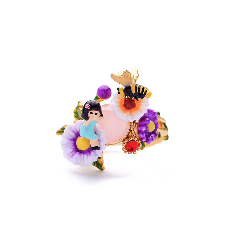 Enamel Glazed Daisy Flower Bee Inlaid Gem Ring 14K Gold Plated