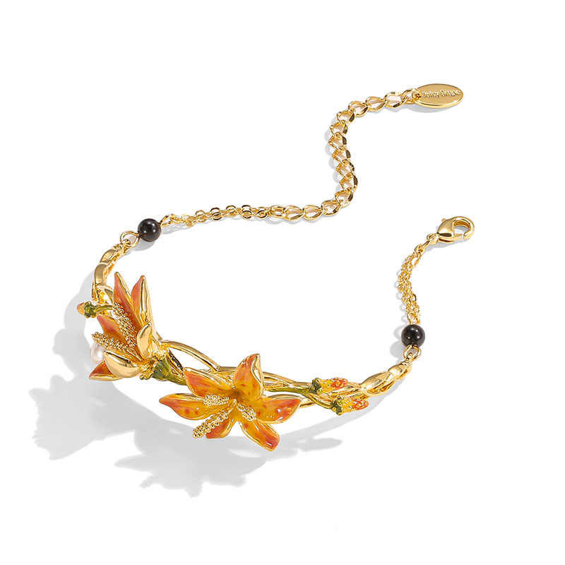 Orange Blossom Flower Branch Pearl Black Agate Enamel Bracelet2