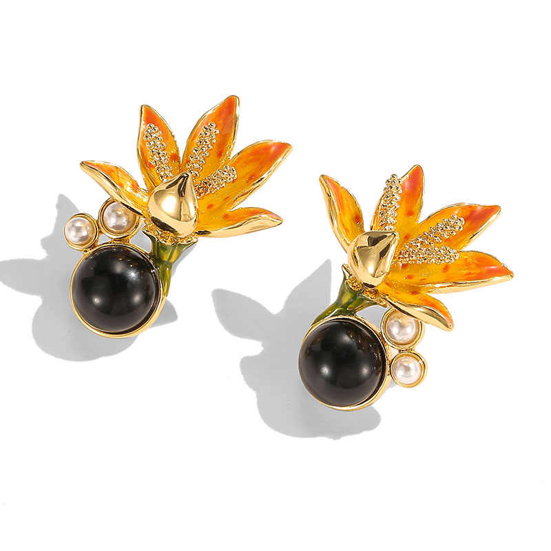 Orange Blossom Flower With Pearl Black Agate Enamel Stud Earrings2