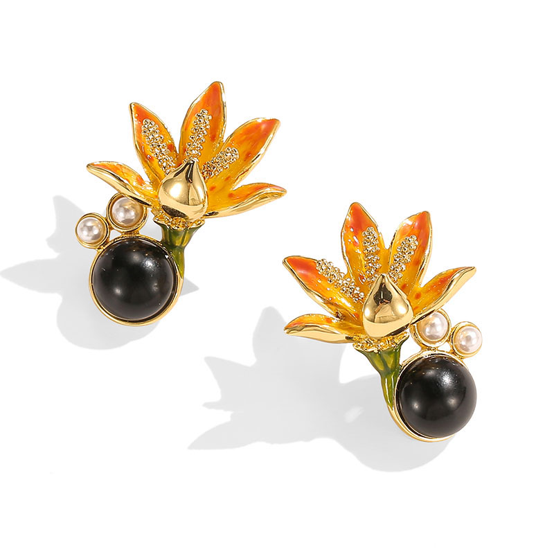 Orange Blossom Flower With Pearl Black Agate Enamel Stud Earrings1