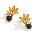 Orange Blossom Flower With Pearl Black Agate Enamel Stud Earrings1