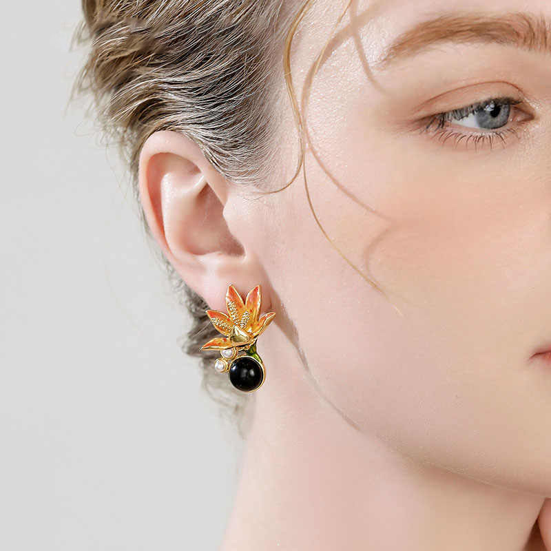 Orange Blossom Flower With Pearl Black Agate Enamel Stud Earrings3