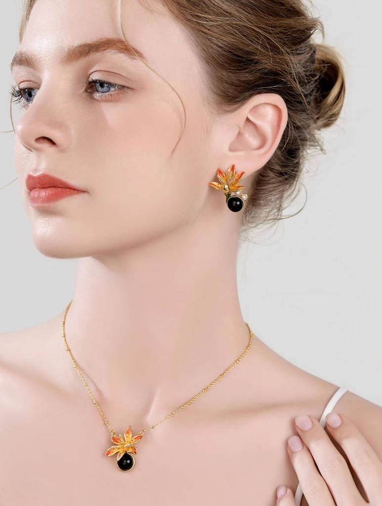 Orange Blossom Flower With Pearl Black Agate Enamel Stud Earrings4