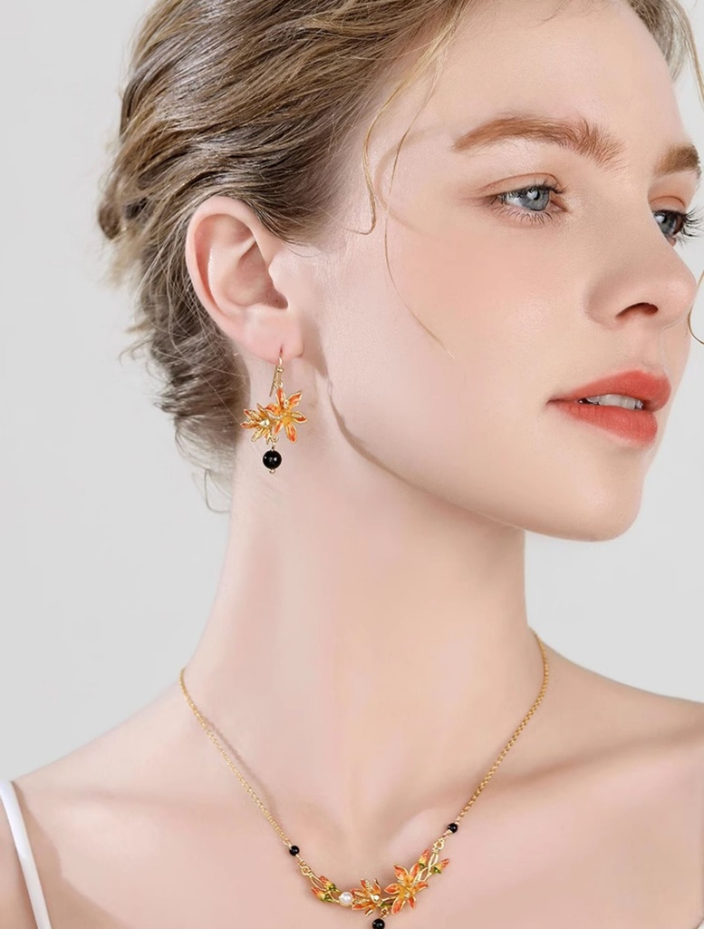Orange Blossom Flower With Black Agate Enamel Hook Earrings4